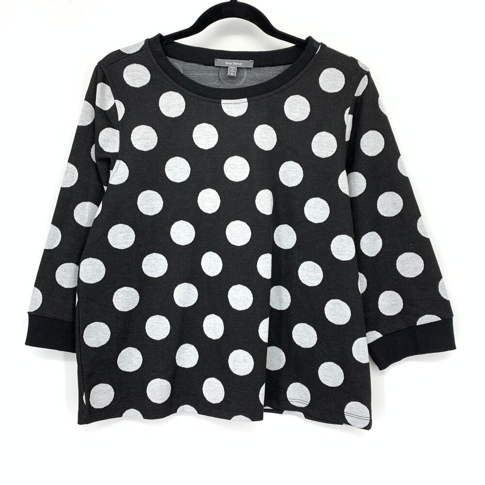 Blue Tassel Crew Neck 3/4 Sleeve Pullover Sweatshirt Sz M Black White Polka Dot
